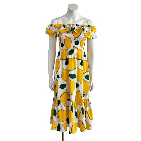 Sugar Lips Dress XS White Lemon Print Pucker Up Off The Shoulder Maxi - Picture 1 of 10